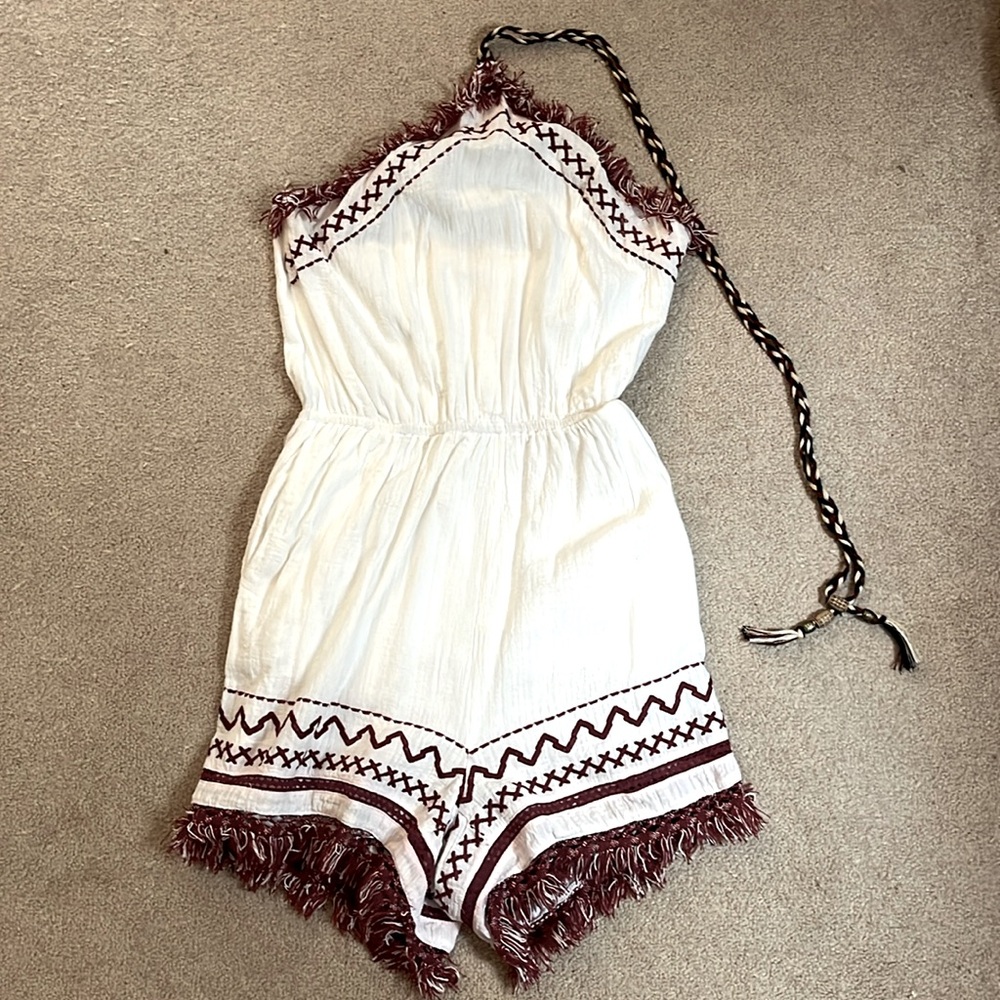 White Embroidered Hem Halter Romper